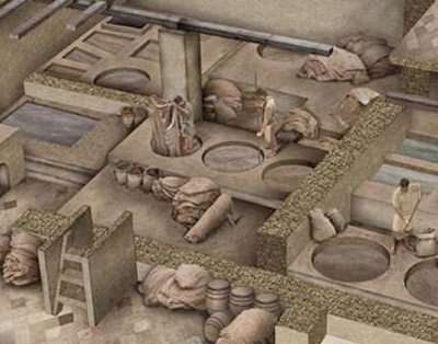 Reconstrucci&oacute; hipot&egrave;tica de l'Adoberia d'en Ginebreda des del Nord i amb la muralla medieval. Dibuix: Guillem H. Pongiluppi