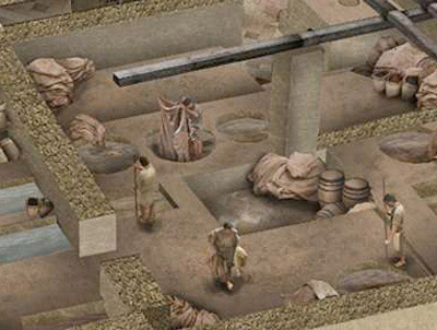 Reconstrucci&oacute; hipot&egrave;tica de l'Adoberia d'en Ginebreda des del Nord i amb la muralla medieval. Dibuix: Guillem H. Pongiluppi